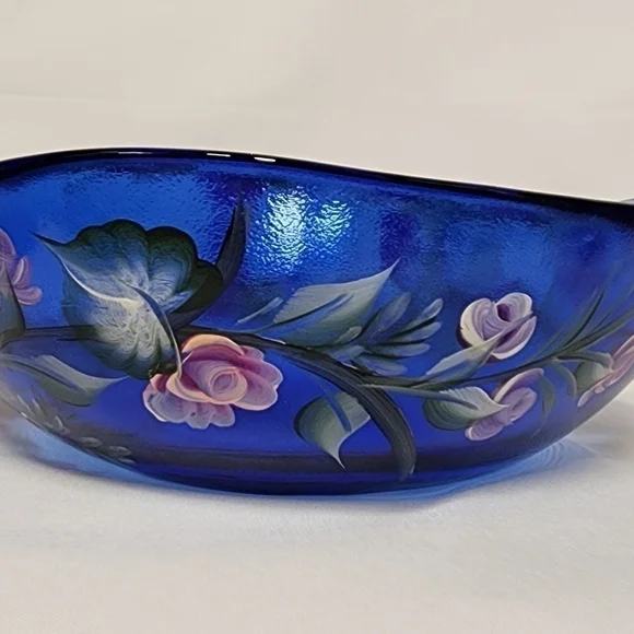 HANDPAINTED Cobalt Blue Bowl Floral Serving Dish Large Butterfly Roses Dimpled - Picture 9 of 14